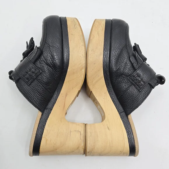 Free People Black Leather‎ Clogs with Natural Wooden Heel - Picture 10 of 14